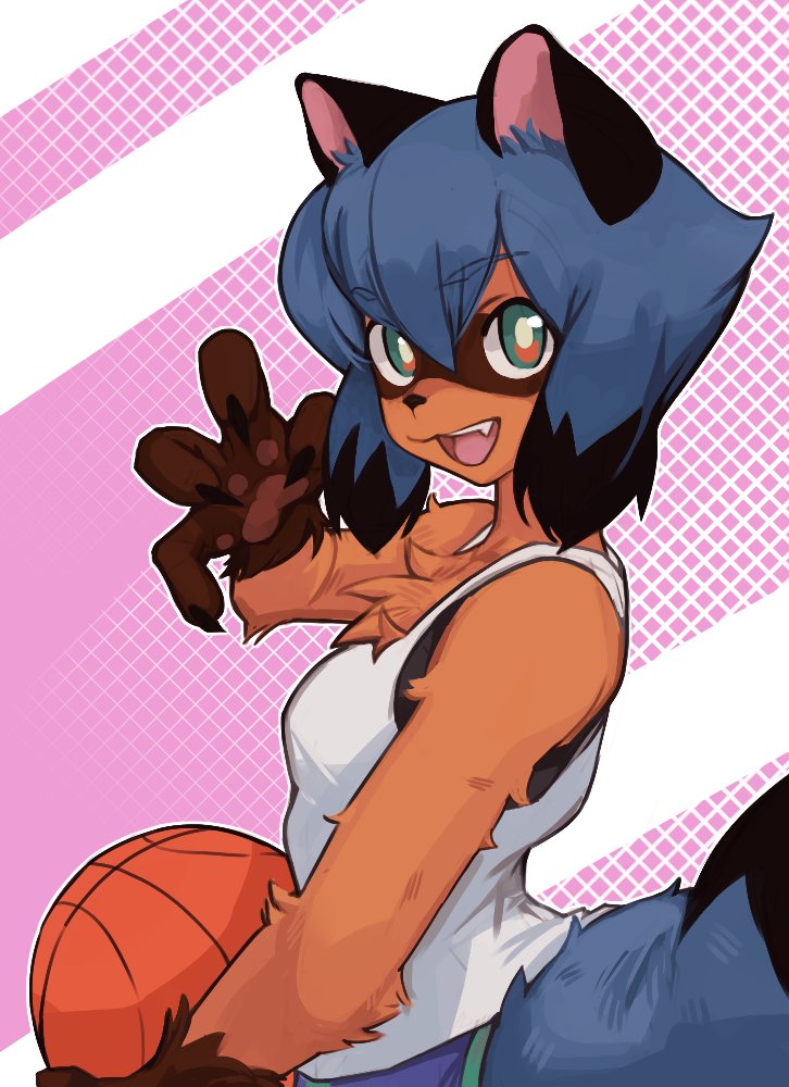 1girl, :d, animal_ears, animal_nose, ball, basketball_(object), blue_hair, blush, body_fur, brand_new_animal, brown_fur, fang, furry, furry_female, green_eyes, holding, holding_ball, kagemori_michiru, looking_at_viewer, multicolored_hair, open_mouth, pink_background, raccoon_ears, raccoon_girl, raccoon_tail, short_hair, smile, snout, solo, tail, teeth, toastitos, two-tone_background, two-tone_hair, upper_teeth_only, white_background