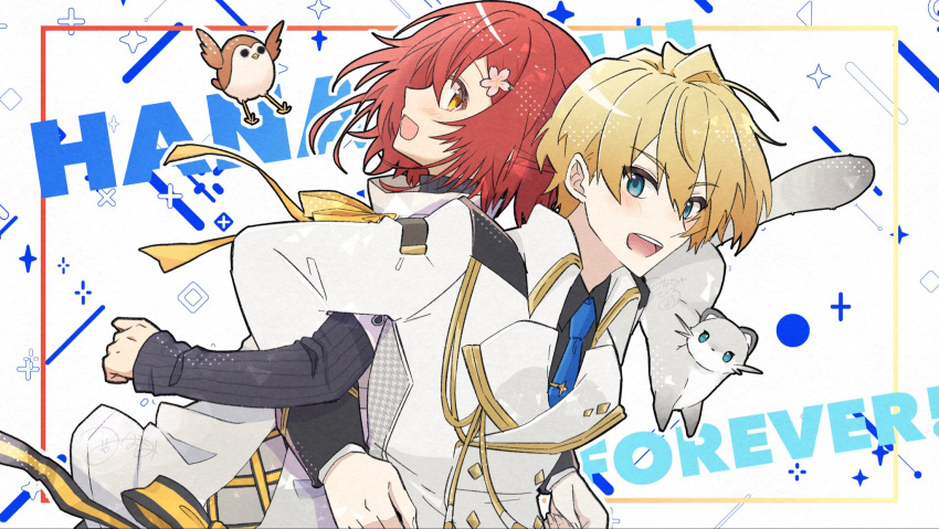2boys, :d, back-to-back, bird, black_shirt, blonde_hair, blue_eyes, blue_necktie