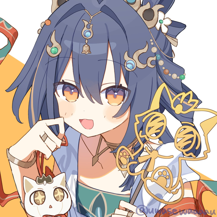1girl, :d, animal_print, artist_name, black_hair, blue_hair, bracelet, braid