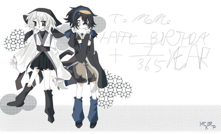 2others, absurdres, aivjiadeshimingzhe, androgynous, anime_coloring, arm_cutout, black_hakama, black_headband, black_kimono, black_leg_warmers, black_shirt, black_shoes, blue_hairband, blue_leg_warmers, borrowed_character, brown_shoes, clothing_cutout, coattails, detached_sleeves, expressionless, full_body, fur_scarf, gift_art, hair_between_eyes, hairband, hakama, hakama_short_skirt, hakama_skirt, hand_on_own_chest, happy_birthday, headband, highres, japanese_clothes, kimono, leg_warmers, len'en, long_sleeves, multiple_others, no_mouth, original, other_focus, penguin_print, print_hairband, scarf, shirt, shirt_under_kimono, shoes, short_hair, skirt, sleeves_past_wrists, standing, tailcoat, turtleneck, turtleneck_shirt, white_background, white_eyes, white_hair, white_kimono, white_scarf, white_sleeves, wide_sleeves