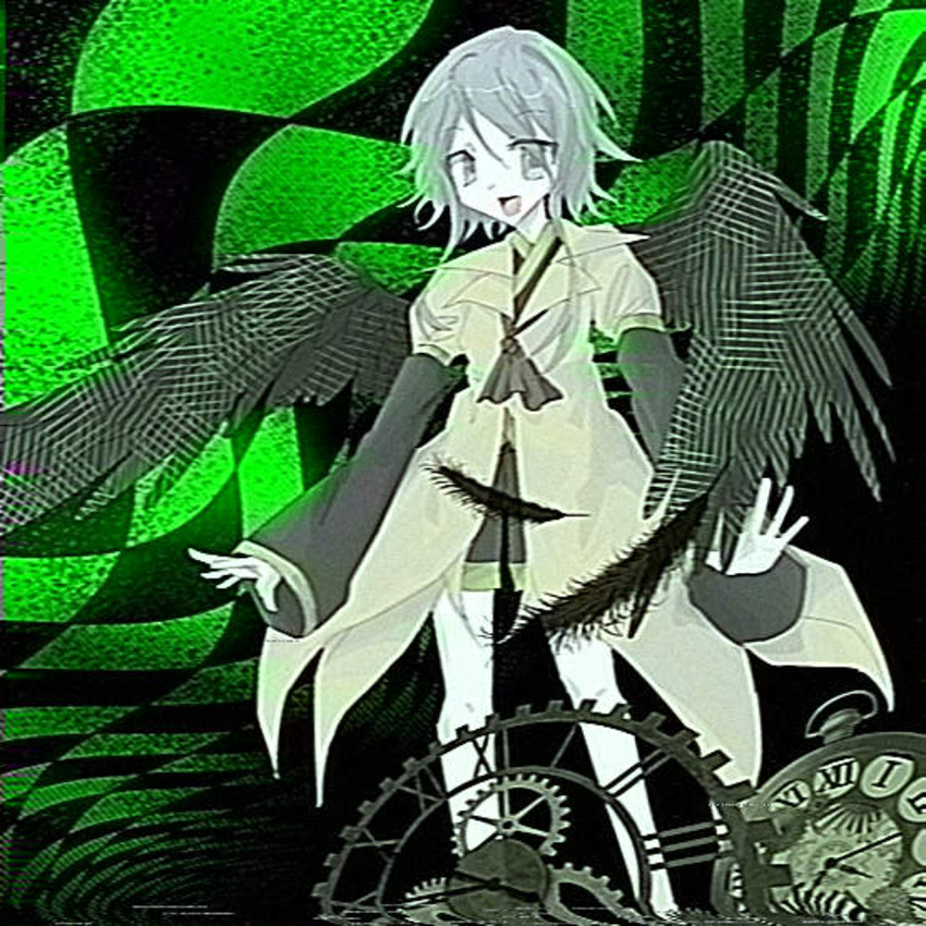 1other, abstract_background, aivjiadeshimingzhe, androgynous, anime_coloring, ascot, bare_legs, bird_wings