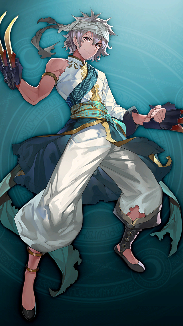 1boy, ali_baba_(grimms_notes), ali_baba_(original)_(grimms_notes), aqua_background, baggy_pants, closed_mouth, dark-skinned_male, dark_skin, game_asset, gaou_(umaiyo_puyoman), grey_hair, grimms_notes, hair_between_eyes, hand_up, holding, holding_weapon, legs_apart, male_focus, non-web_source, official_art, pants, shirt, short_hair, single_sleeve, smile, solo, v-shaped_eyebrows, weapon, white_pants, white_shirt, yellow_eyes