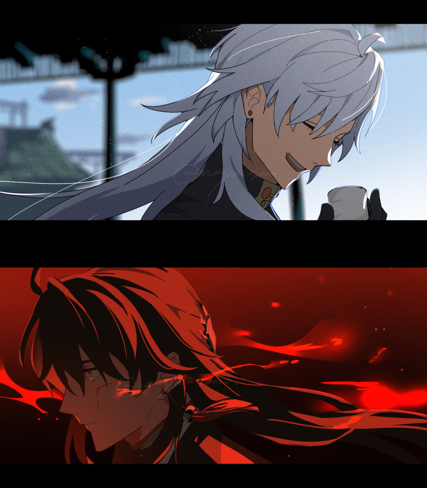 1boy, ahoge, blade_(honkai:_star_rail), blood, blood_on_face, border, closed_eyes, commentary_request