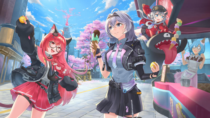 4girls, absurdres, black-framed_eyewear, black_gloves, black_jacket, black_necktie, blue_eyes, closed_mouth