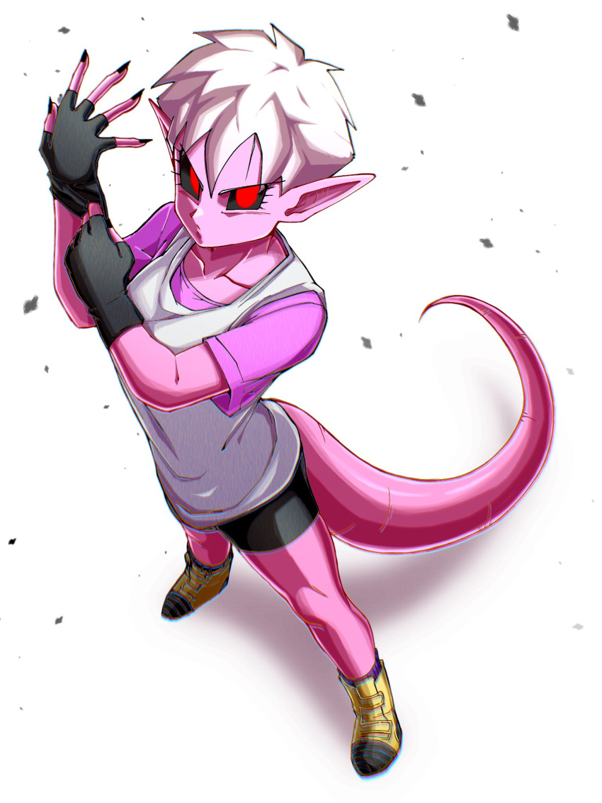 1girl, adjusting_clothes, adjusting_gloves, android_21, bike_shorts, black_nails, black_sclera, boots