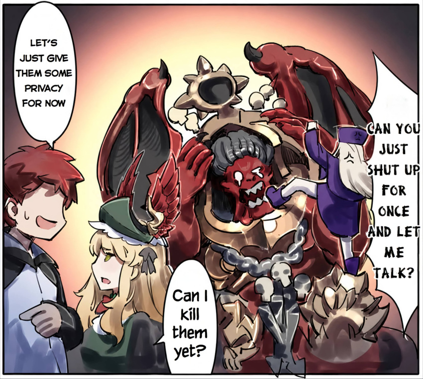 1boy, 1girl, 2girls, alpha_legion, angron, armor, armor_of_mars_(warhammer), black_hair