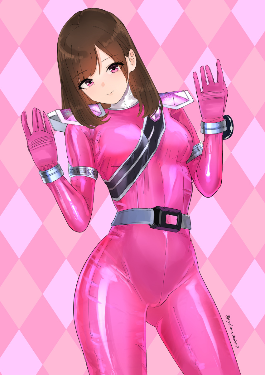 1girl, absurdres, adapted_costume, animification, argyle_background, belt, belt_buckle, bodysuit