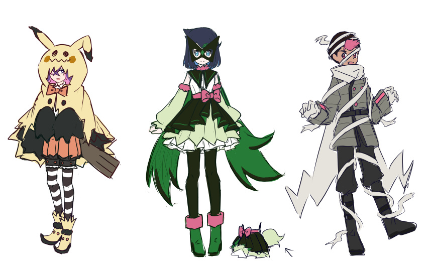 1boy, 2girls, absurdres, black_boots, black_hair, black_pants, black_pantyhose, blue_eyes