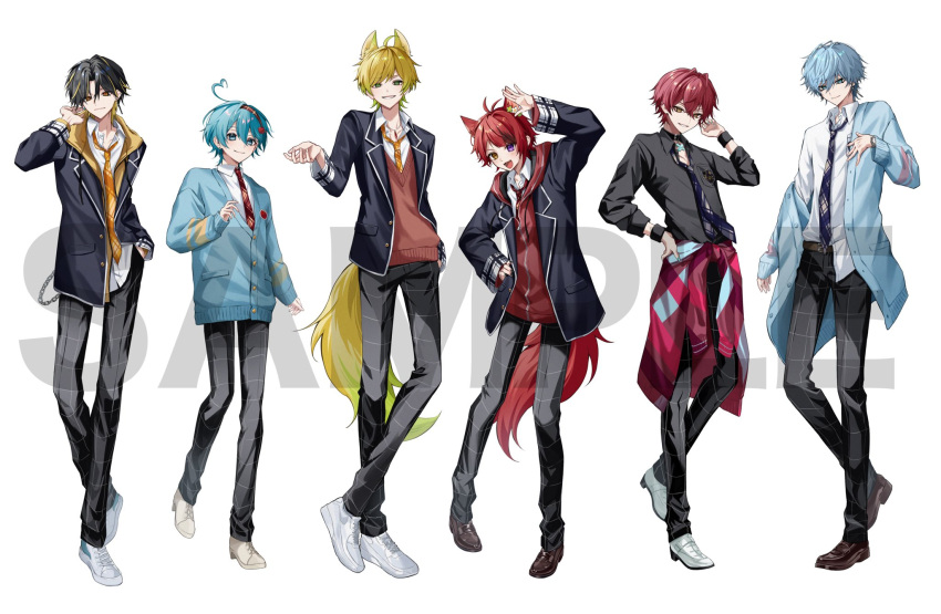 6+boys, :d, ahoge, amptakxcolors, animal_ear_piercing, animal_ears, antenna_hair, apple_hair_ornament