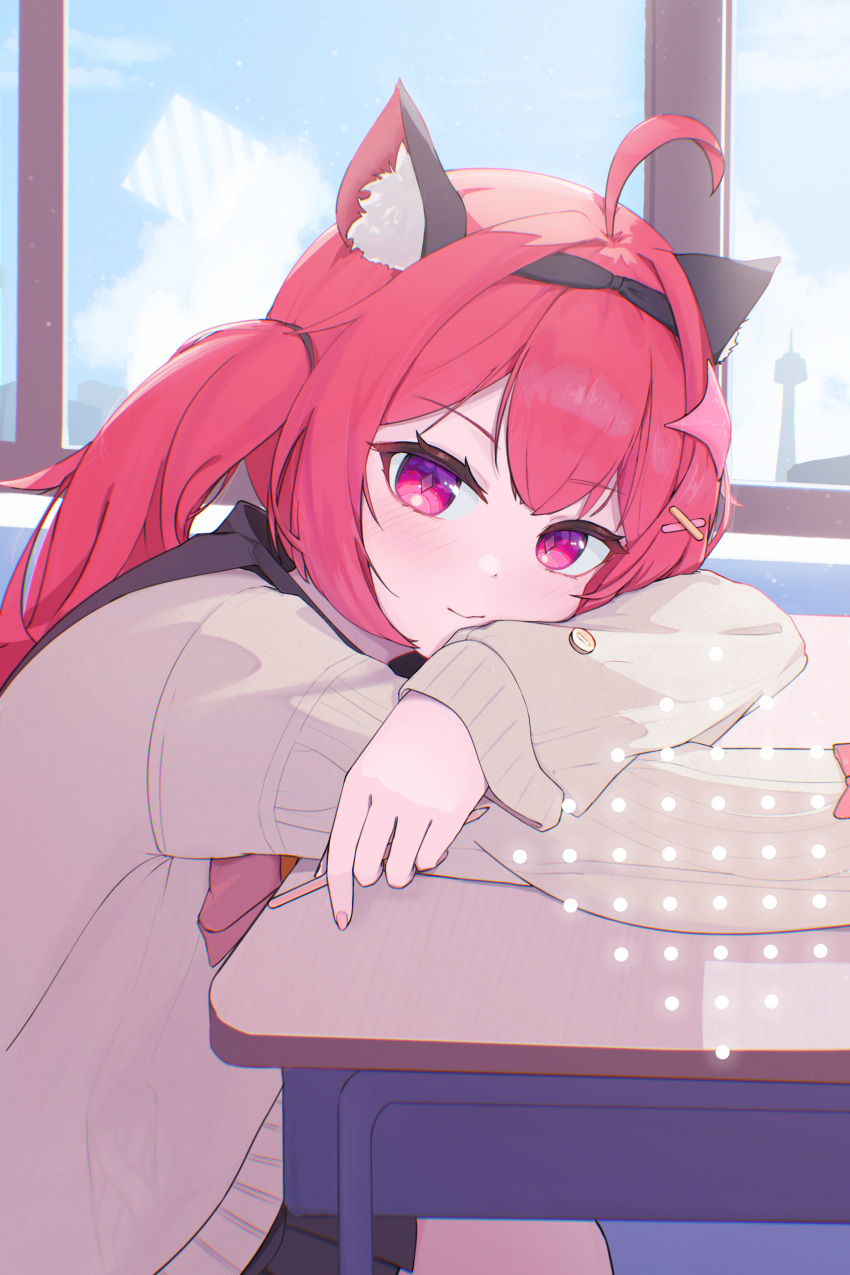 1girl, absurdres, ahoge, animal_ears, black_sailor_collar, black_skirt, cardigan, cat_ears