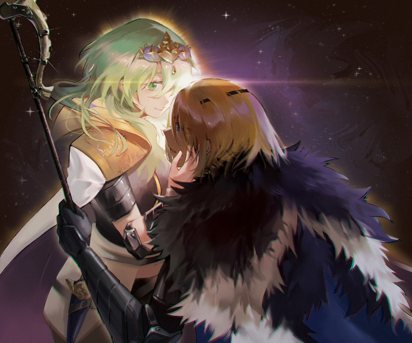 1boy, 1girl, areadbhar_(fire_emblem), armor, black_armor, black_fur, blonde_hair, blue_cape