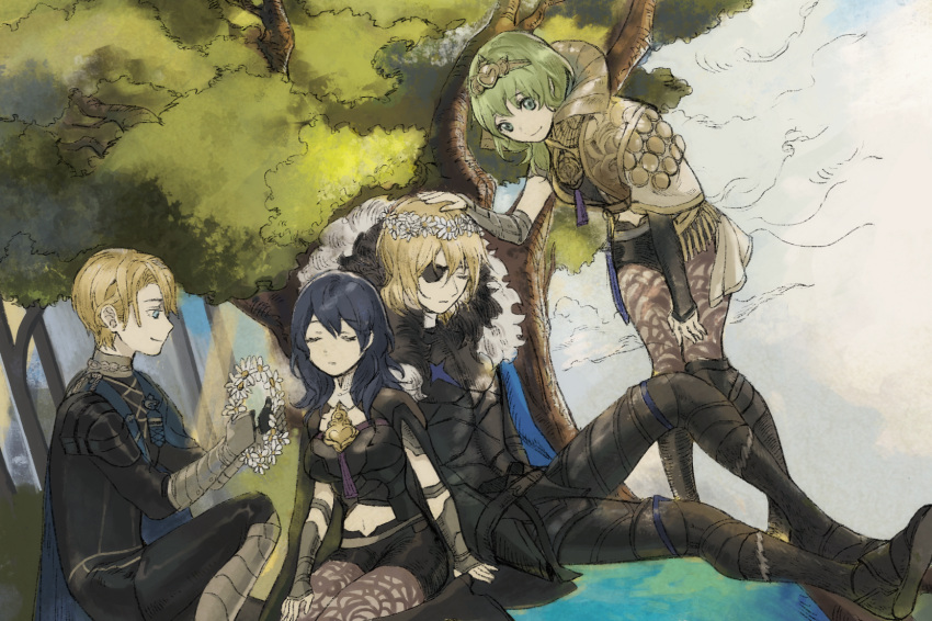 2boys, 2girls, black_boots, black_fur, black_shorts, blonde_hair, blue_cape, blue_hair