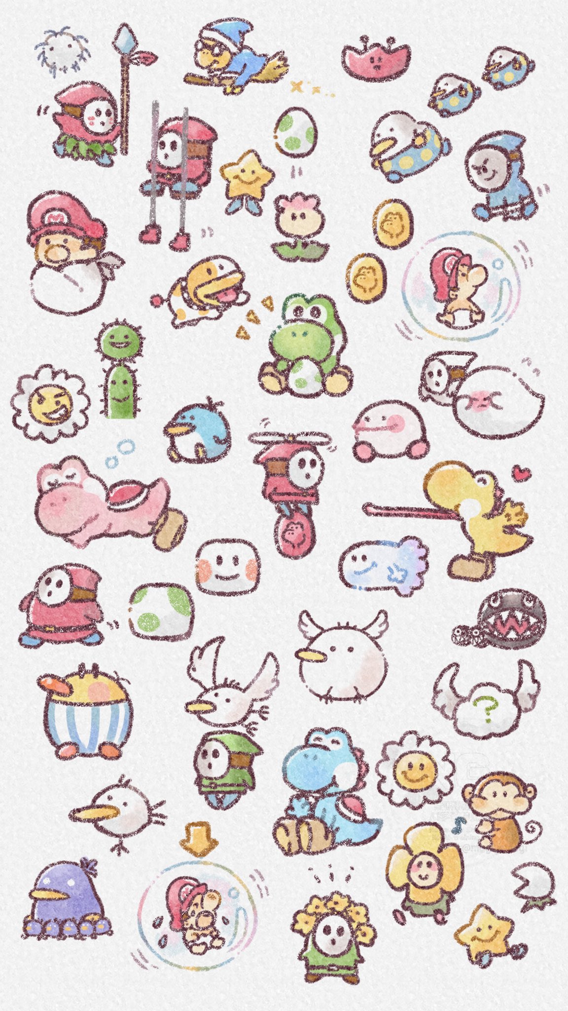 1boy, ?, arrow_(symbol), baby, baby_mario, bandit_(mario), bird, boo_(mario), brown_hair, bubble, bumpty, burt_(yoshi's_island), cactus, chain_chomp, chibi, chibi_only, closed_eyes, coin, commentary_request, crazee_dayzee, crying, dragon_coin_(mario), egg_plant_(yoshi's_island), flying_sweatdrops, fuzzy_(yoshi's_island), goonie, green_yoshi, hat, heart, highres, kamek, light_blue_yoshi, mario, milde, mugipoyow, multiple_views, musical_note, open_mouth, pink_yoshi, poochy_(yoshi's_island), raphael_the_raven, red_hat, shy_guy, simple_background, sitting, sleeping, smile, smiley_flower_(mario), solid_circle_eyes, sparkle, spear_guy, star_(yoshi's_island), stilt_guy, super_mario_bros., super_mario_world_2:_yoshi's_island, ukiki, winged_cloud_(yoshi's_island), yellow_yoshi, yoshi, yoshi_egg