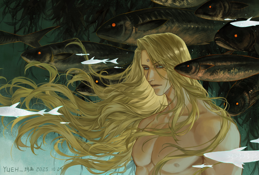 1boy, absurdres, blonde_hair, blue_eyes, closed_mouth, final_fantasy, final_fantasy_xiv, fish, highres, long_hair, looking_at_viewer, male_focus, muscular, muscular_male, no_shirt, pectorals, red_pupils, solo, third_eye, yueh, zenos_yae_galvus