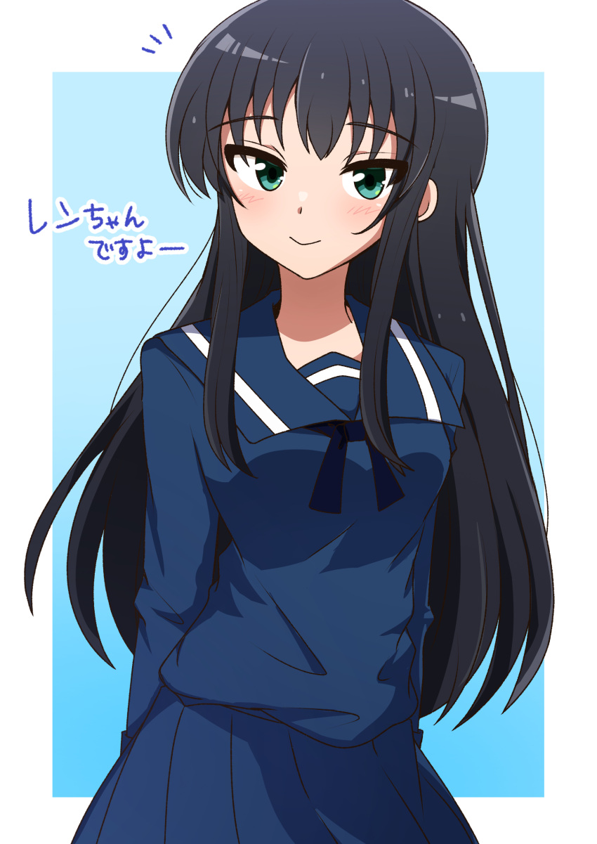 1girl, absurdres, arms_behind_back, asai_ren, black_hair, blue_bow, blue_bowtie, blue_shirt