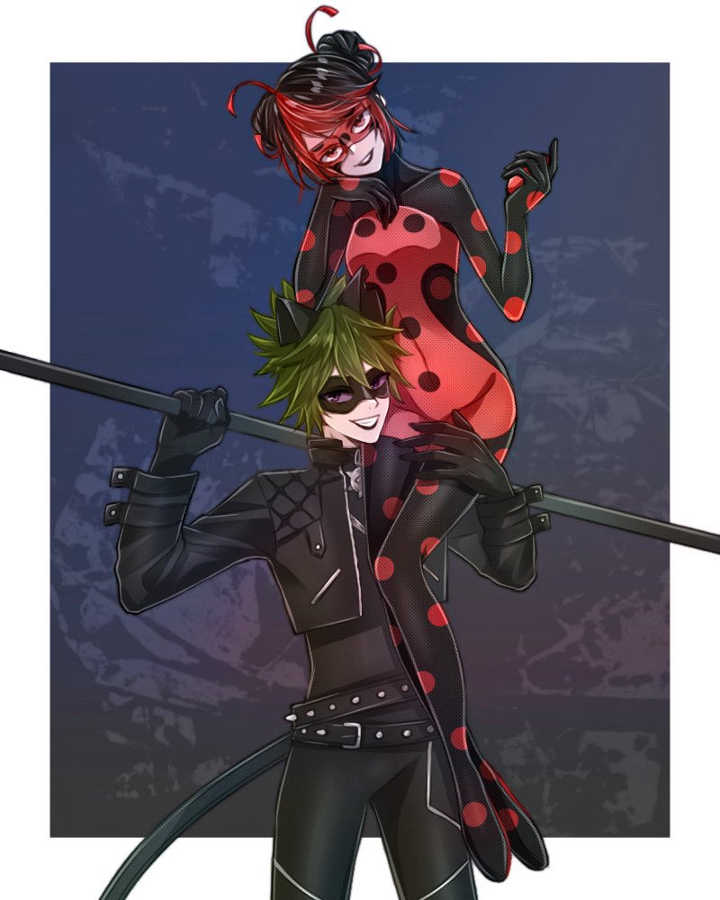 1boy, 1girl, adrien_agreste, animal_ears, belt, black_belt, black_bodysuit, black_hair, black_jacket, black_lips, black_mask, bodysuit, cat_ears, claw_noir, colored_sclera, commentary_request, double_bun, eye_mask, green_hair, hair_bun, holding, holding_staff, itk_edo, jacket, marinette_dupain-cheng, mask, miraculous_ladybug, multicolored_bodysuit, multicolored_hair, polka_dot_bodysuit, purple_sclera, red_bodysuit, red_eyes, red_hair, red_mask, shadybug, sitting_on_shoulder, staff, two-tone_bodysuit, two-tone_hair, violet_eyes