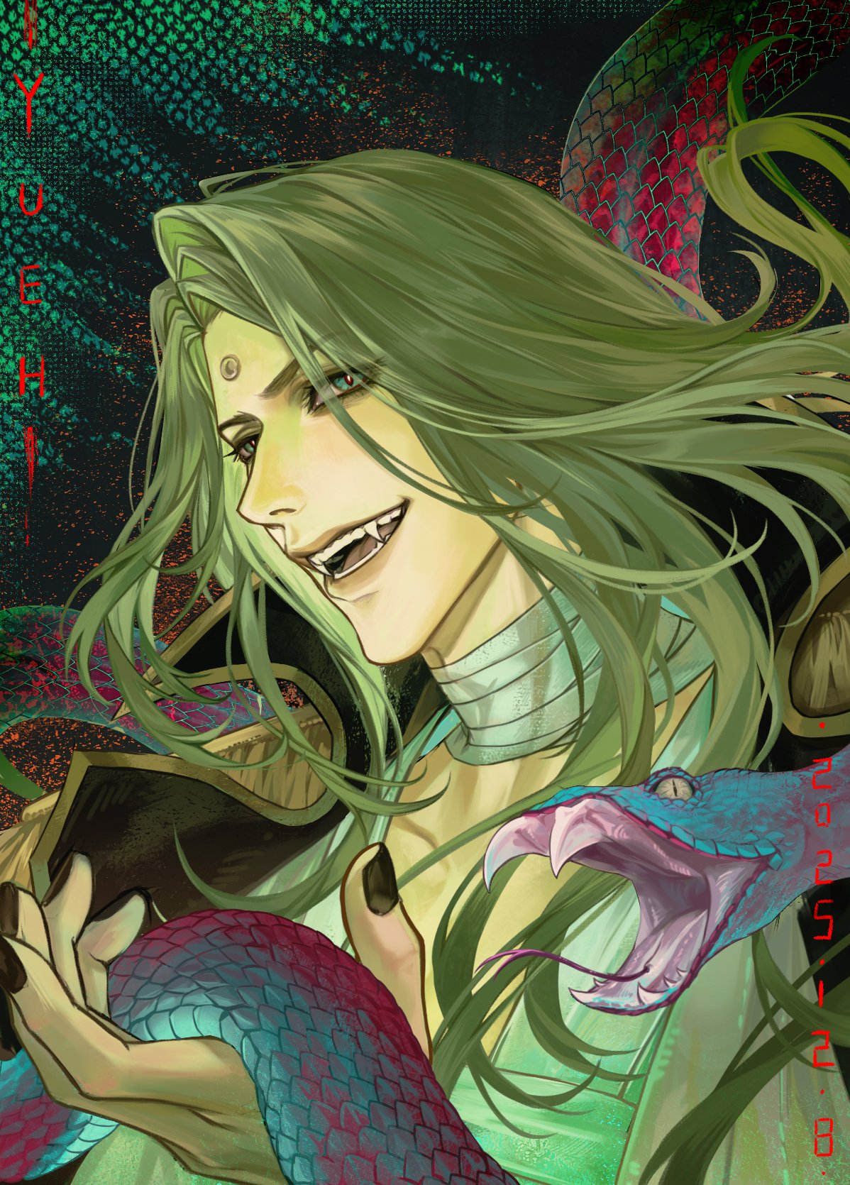 1boy, animal, bandaged_neck, bandages, black_nails, blue_eyes, final_fantasy, final_fantasy_xiv, green_hair, highres, holding, holding_animal, holding_snake, long_hair, looking_at_viewer, male_focus, open_mouth, sharp_teeth, simple_background, slit_pupils, smile, snake, solo, teeth, third_eye, upper_body, yueh, zenos_yae_galvus