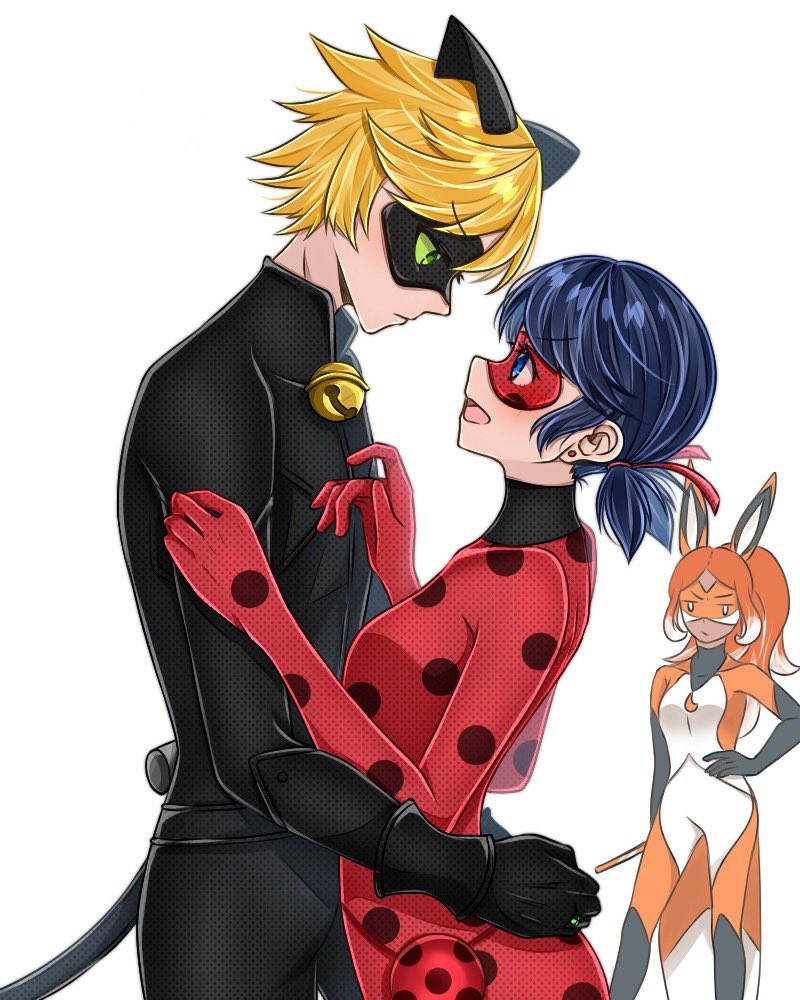 1boy, 2girls, adrien_agreste, alya_cesaire, animal_ears, arms_around_another's_waist, black_bodysuit, black_mask