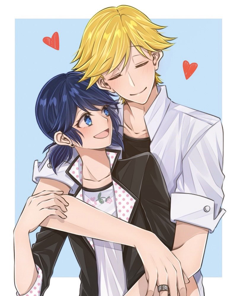 1boy, 1girl, adrien_agreste, black_jacket, blonde_hair, blue_hair, closed_eyes, commentary