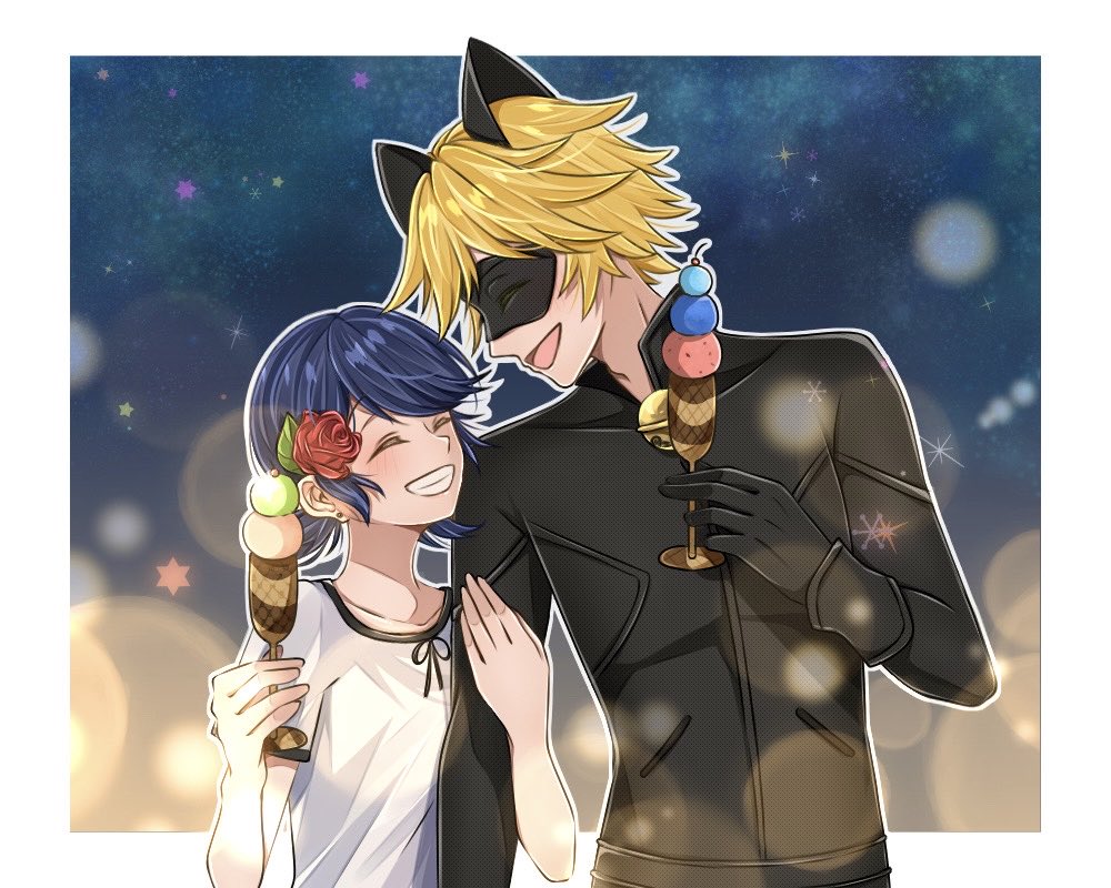 1boy, 1gil, adrien_agreste, animal_ears, black_bodysuit, black_hair, black_mask, blonde_hair