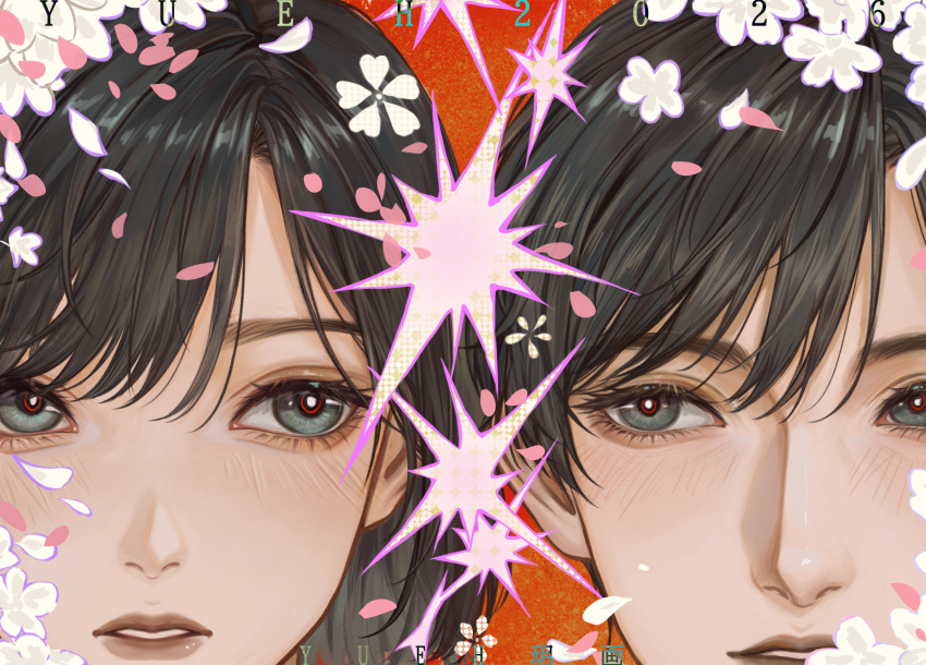 1boy, 1girl, black_hair, blush, cherry_blossoms, close-up, eyelashes, flower