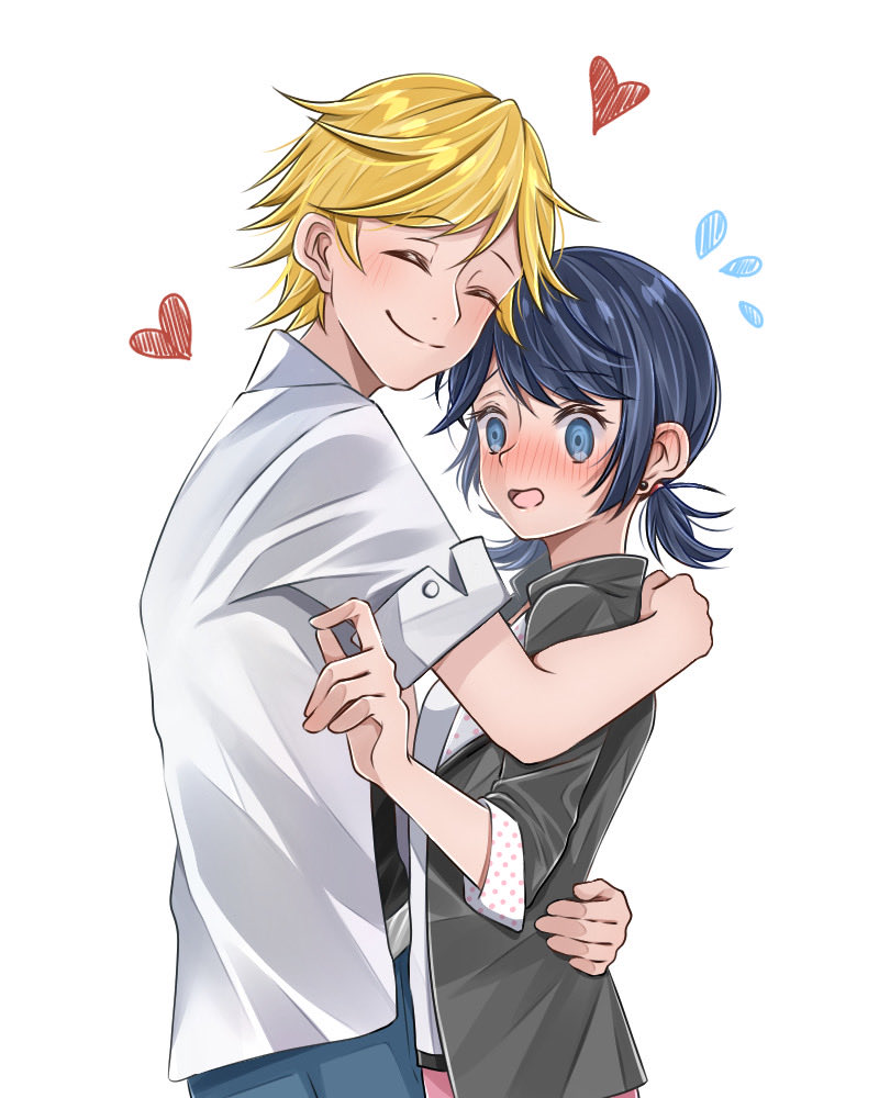 1boy, 1girl, adrien_agreste, black_hair, blue_eyes, blush, commentary_request, earrings