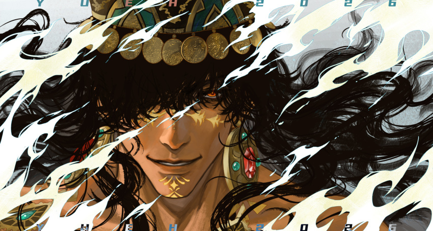 1boy, black_hair, commentary_request, covered_eyes, crown, dark-skinned_male, dark_skin, earrings
