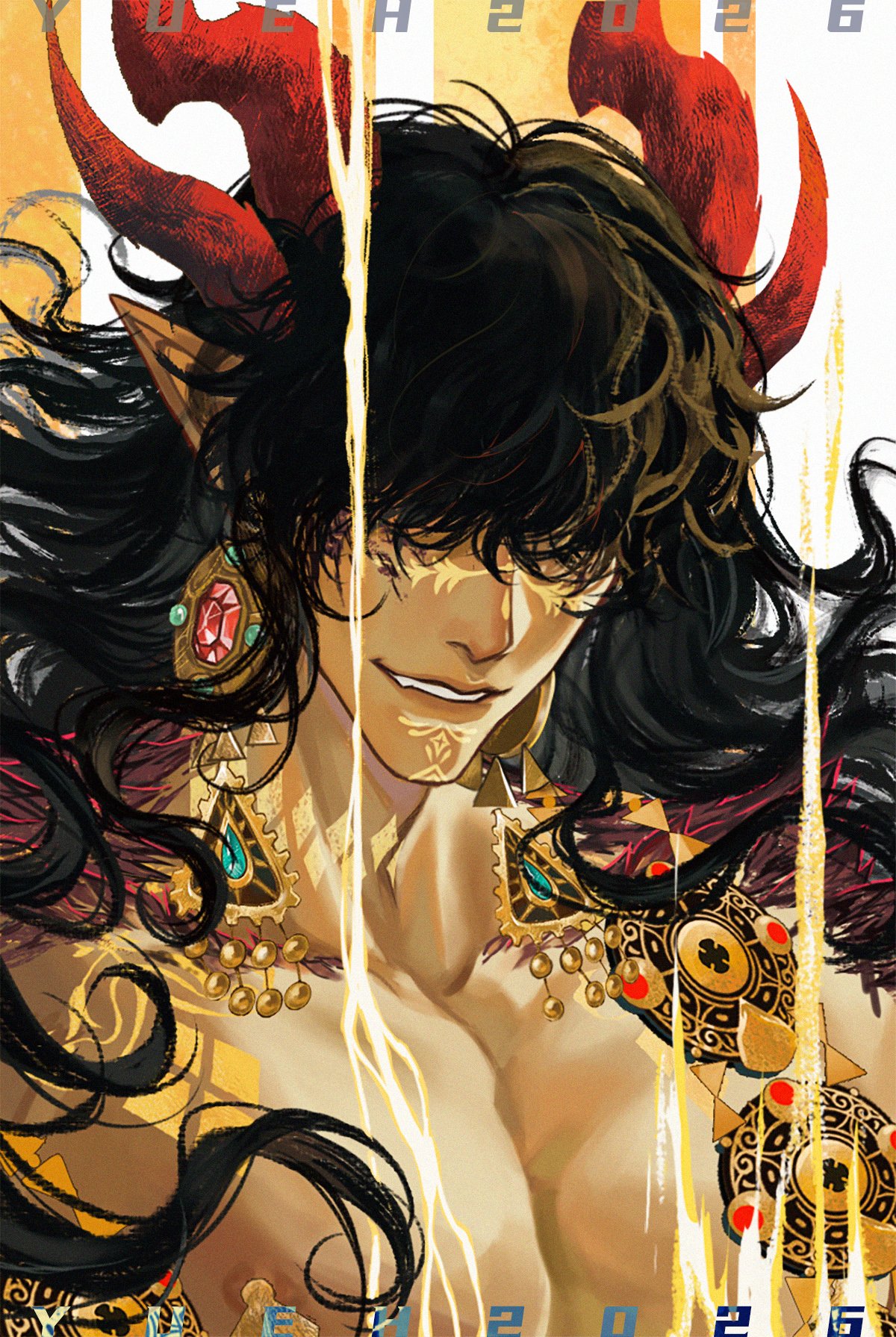 1boy, black_hair, covered_eyes, dark-skinned_male, dark_skin, earrings, hair_over_eyes, highres