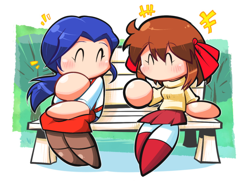 +++, 2girls, apron, blue_hair, blush, bow, brown_hair, brown_shoes, closed_eyes, commentary_request, hair_bow, hirokawa_takemi, jikkyou_powerful_pro_yakyuu, jikkyou_powerful_pro_yakyuu_(style), kanda_natsuki, long_hair, low_ponytail, multicolored_shoes, multiple_girls, no_mouth, on_bench, ponytail, power_pro-kun_pocket, power_pro-kun_pocket_9, rariatto_(ganguri), rayman_limbs, red_apron, red_bow, red_shoes, red_skirt, shirt, shoes, short_hair, sitting, skirt, smile, sweater, turtleneck, turtleneck_sweater, two-tone_shoes, white_shirt, white_shoes, yellow_sweater