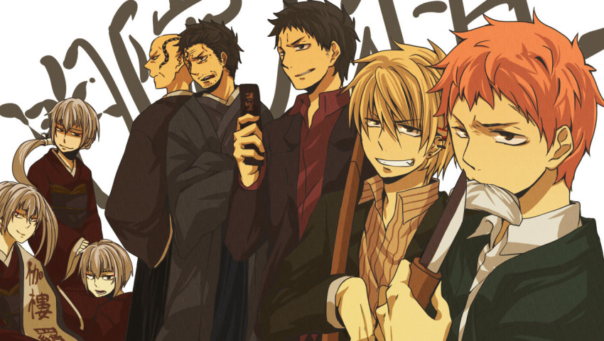 age_difference, alternate_costume, ao_no_exorcist, bad_id, bald, beard, black_hair, blonde_hair, brothers, facial_hair, family, father_and_daughter, father_and_son, formal, grin, houjou_ao, houjou_mamushi, houjou_nishiki, houjou_uwabami, japanese_clothes, knife, lineup, long_hair, pink_hair, shima_juuzou, shima_kinzou, shima_renzou, shima_yaozou, short_hair, siblings, sisters, smile, suit, tattoo, white_hair