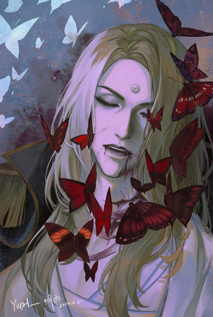 1boy, blonde_hair, blood, blood_from_mouth, blood_on_face, bug, butterfly, closed_eyes