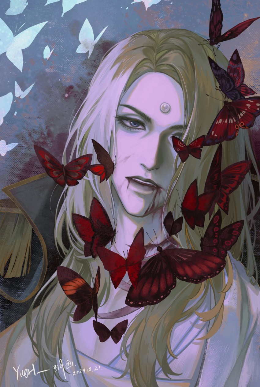 1boy, blonde_hair, blood, blood_from_mouth, blood_on_face, blue_eyes, bug, butterfly
