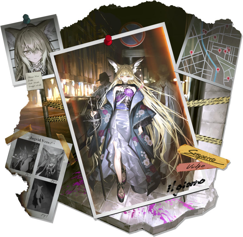 1girl, 2boys, animal_ears, arknights, blonde_hair, border, caution_tape, closed_mouth, coat, dress, floral_print, fox_ears, fox_girl, full_body, game_asset, highres, holding, long_hair, looking_at_viewer, multiple_boys, non-web_source, off_shoulder, official_alternate_costume, official_art, orange_eyes, parted_lips, road_sign, sign, solo_focus, todoroki_masaru, transparent_border, very_long_hair, vulpisfoglia_(arknights), vulpisfoglia_(out_of_focus)_(arknights)