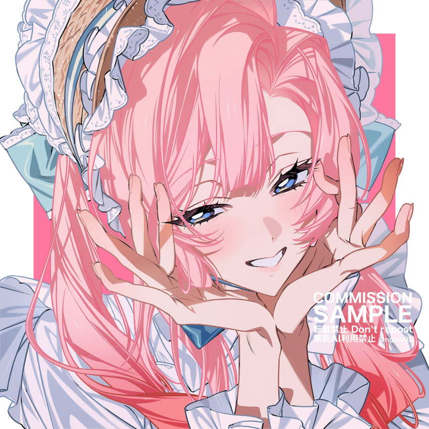 1girl, blue_eyes, blush, commentary_request, dress, frills, hands_on_own_cheeks, hands_on_own_face