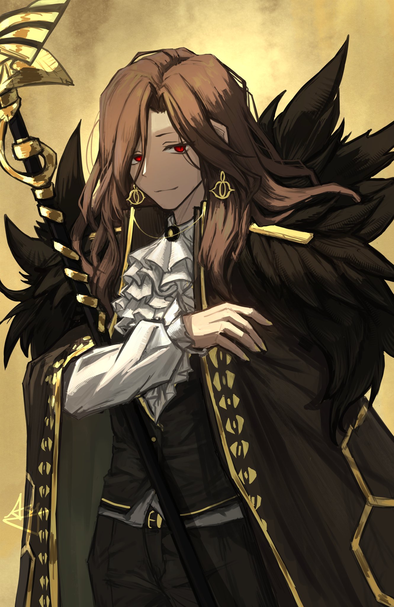 1girl, ascot, brown_coat, brown_hair, brown_pants, brown_vest, coat, dark-skinned_female