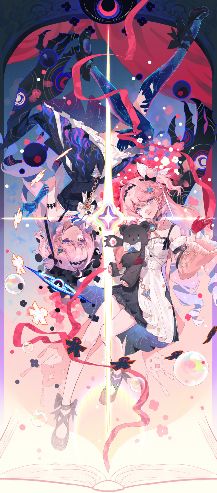 2girls, absurdres, ahoge, air_bubble, bare_shoulders, black_shoes, black_skirt, blue_eyes