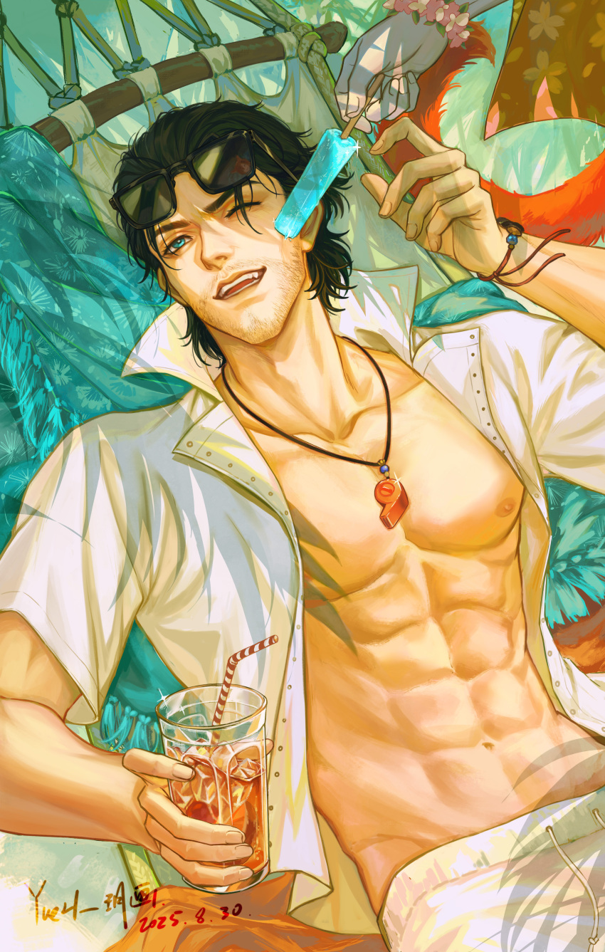 1boy, abs, absurdres, bare_pectorals, black_hair, blue_eyes, bracelet, character_request