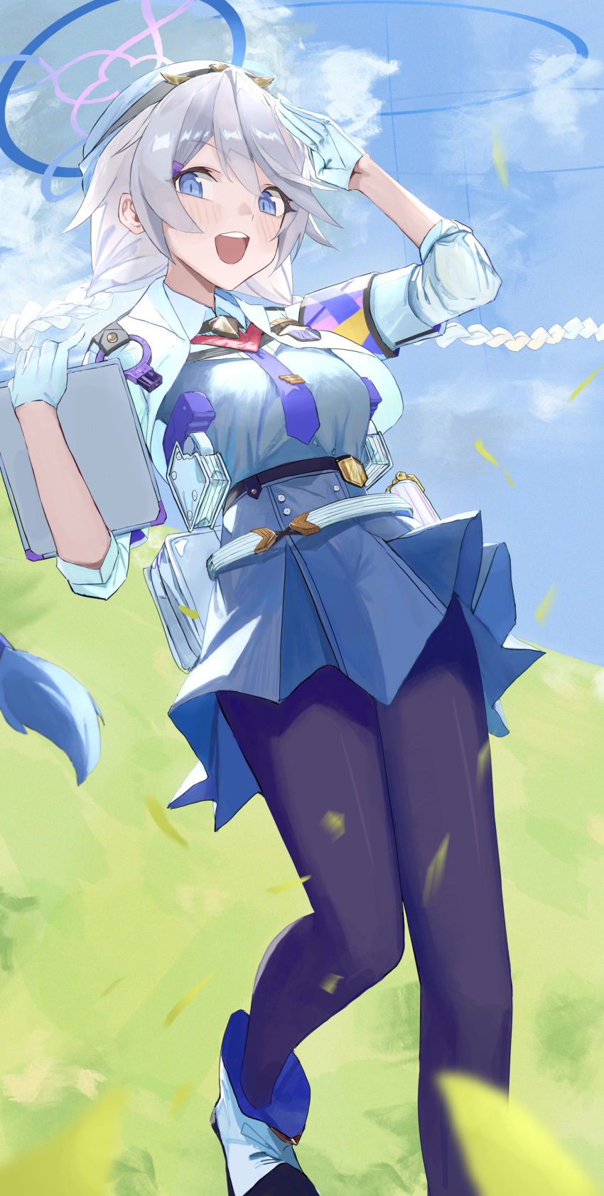 1girl, absurdres, black_pantyhose, blue_archive, blue_eyes, blue_halo, blue_necktie, blue_shirt