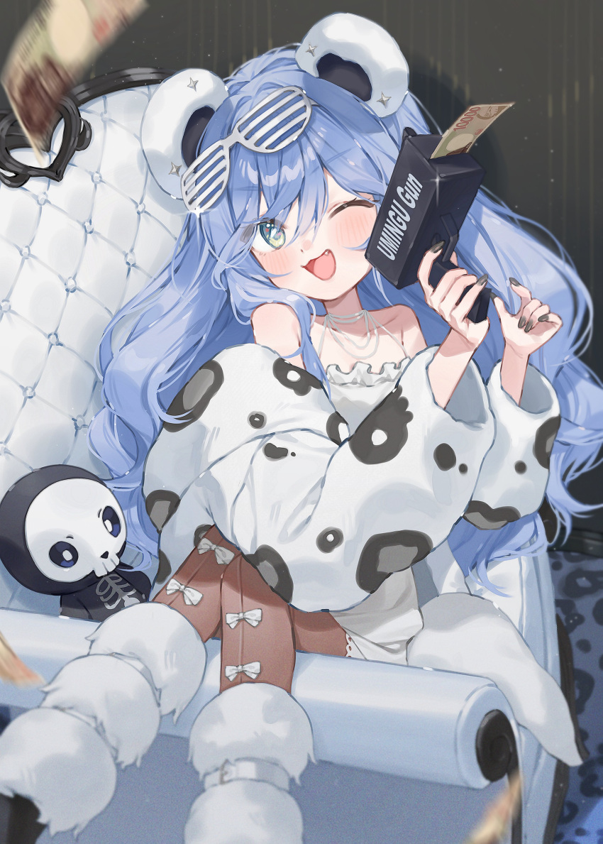1girl, absurdres, animal_ears, animal_print, armchair, banknote, bear_ears, belted_leg_warmers