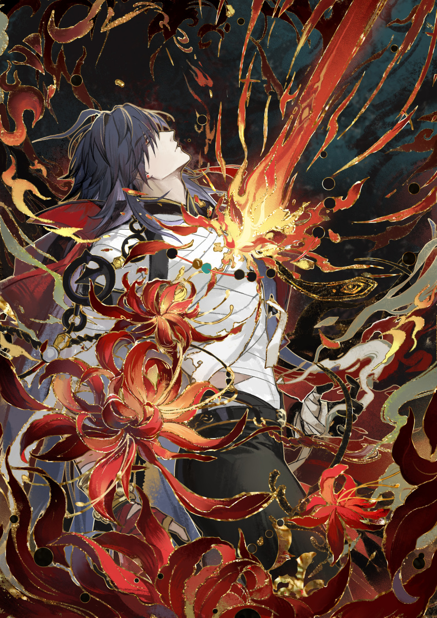 1boy, absurdres, bandaged_chest, bandaged_hand, bandaged_torso, bandages, beads, black_hair