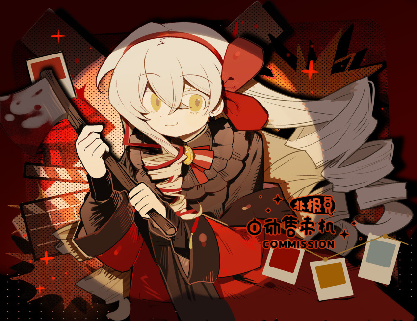 1girl, axe, black_dress, blood, blood_on_axe, closed_mouth, coat, commentary