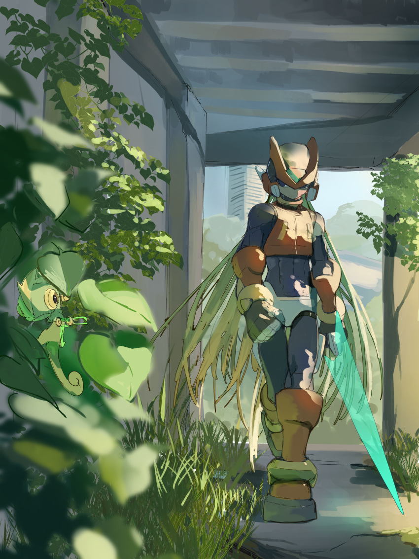 1boy, absurdres, armor, blonde_hair, commentary_request, cyber_elf_(mega_man), energy_sword, forehead_jewel