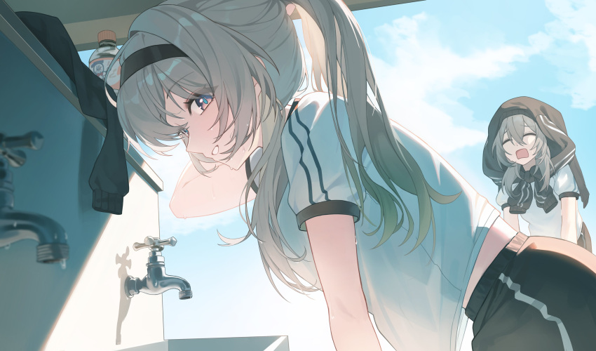 2girls, absurdres, black_shorts, blue_eyes, blue_sky, bottle, closed_eyes, clouds