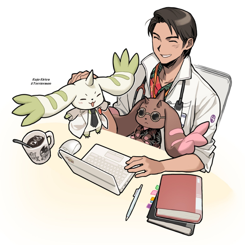 1boy, animification, at_computer, black_hair, black_necktie, book, book_stack, character_name, closed_eyes, closed_mouth, coat, commentary, computer, computer_mouse, crossover, cup, curtained_hair, grin, highres, kamen_rider, kamen_rider_ex-aid_(series), kujo_kiriya, lab_coat, laptop, layered_clothes, male_focus, necktie, petting, pokemon, pokemon_(creature), radio0of, round_eyewear, short_hair, simple_background, smile, stethoscope_around_neck, sunglasses, terriermon, untranslatable_commentary, upper_body, white_coat