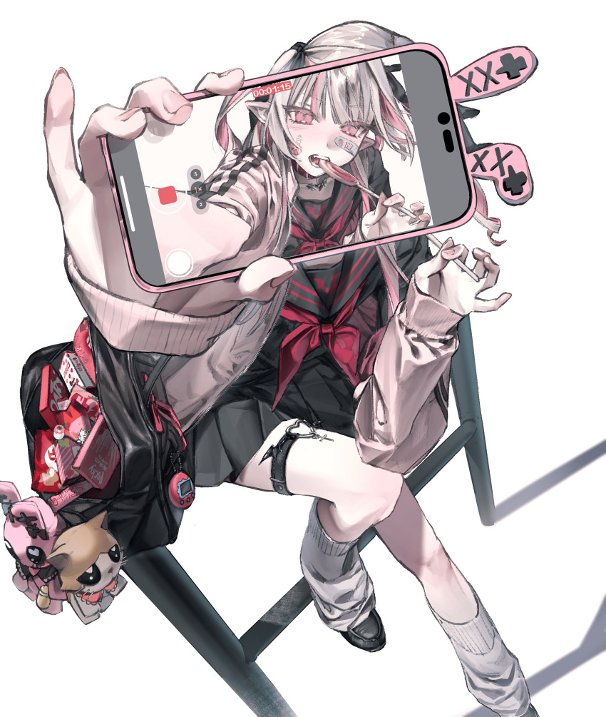 1girl, absurdres, alternate_costume, bag, black_sailor_collar, black_serafuku, brown_hair, candy