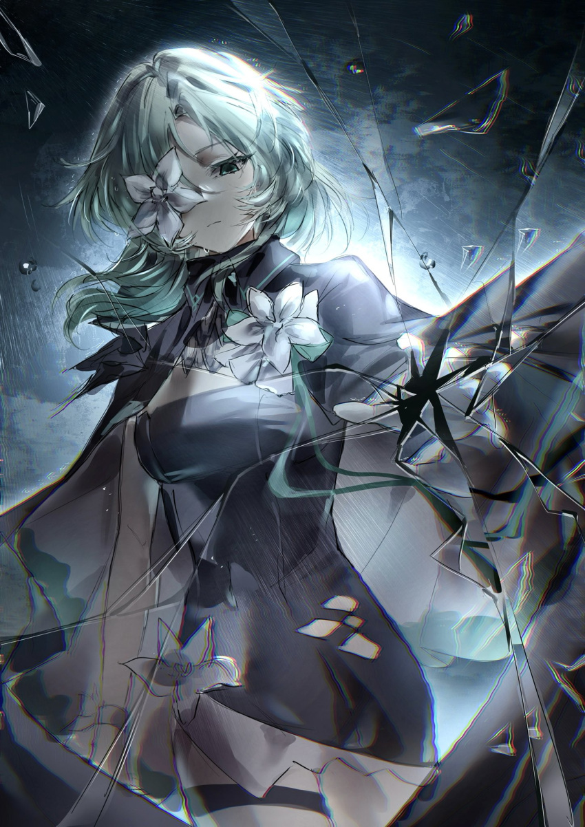 1girl, arcaea, asymmetrical_legwear, black_cape, black_dress, broken_glass, cape, commentary, cowboy_shot, dress, flower, flower_on_face, flower_over_eye, glass, glass_shards, gloves, green_eyes, green_hair, hair_ornament, highres, looking_at_viewer, off-shoulder_dress, off_shoulder, saya_(arcaea), saya_(awakened)_(arcaea), short_hair, sleeveless, sleeveless_dress, solo, tslhn_e, white_flower, white_gloves
