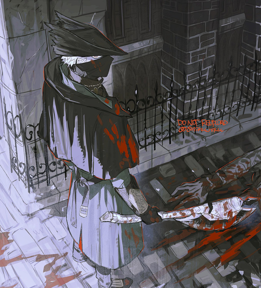 0niku_niku, 1boy, black_coat, blood, blood_on_clothes, blood_on_face, bloodborne, coat