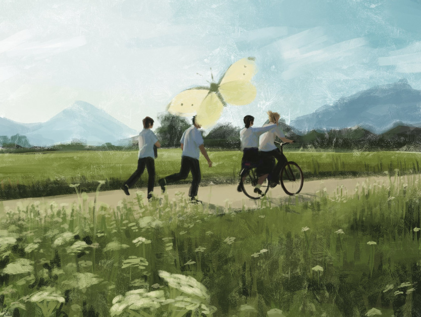 1girl, 3boys, azami_soushirou, bicycle, bug, butterfly, dexkaai, field, flower, highres, kagurabachi, mountain, mountainous_horizon, multiple_boys, on_bicycle, path, rokuhira_kunishige, shiba_tougo, soga_chiaki