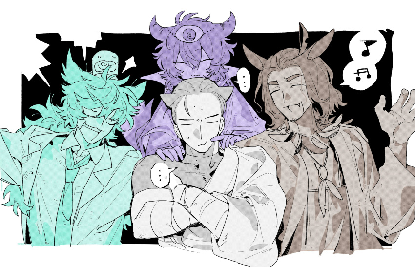 ..., 1girl, 3boys, :3, =_=, absurdres, alice_(mewgenics), animal_ears, aqua_hair, aqua_necktie, black_background, border, brown_hair, cat_ears, chan_hung_(mewgenics), cheek_poking, closed_eyes, color-coded, crossed_arms, draven_(mewgenics), facial_mark, facing_viewer, fang, forehead_mark, franklin_(mewgenics), hand_on_another's_shoulder, higa423, highres, jewelry, medium_hair, mewgenics, multiple_boys, musical_note, necklace, necktie, open_mouth, outside_border, personification, poking, purple_hair, short_hair, smile, spoken_ellipsis, spoken_musical_note, third_eye, upper_body, white_border