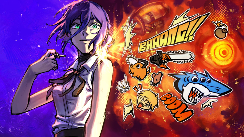 1girl, beam_(chainsaw_man), black_choker, black_hair, black_ribbon, bomb, chainsaw_man, choker, closed_mouth, collared_shirt, denji_(chainsaw_man), explosive, flower, green_eyes, grenade_pin, hair_between_eyes, hair_bun, highres, imminent_explosion, long_hair_between_eyes, looking_at_viewer, neck_ribbon, pochita_(chainsaw_man), purple_hair, reze_(chainsaw_man), ribbon, shirt, shirt_tucked_in, short_hair, single_hair_bun, sleeveless, sleeveless_shirt, smile, sumollama1, white_shirt